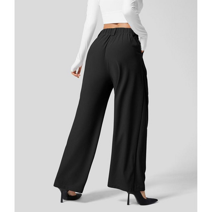 High Waisted Plicated Side Pocket Wide Leg Waffle Work Pants