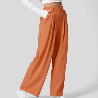 High Waisted Plicated Side Pocket Wide Leg Waffle Work Pants