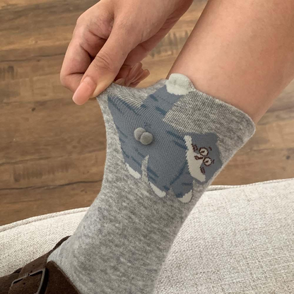 3 Pairs Cute Cat Socks with Pom Poms Soft Cotton