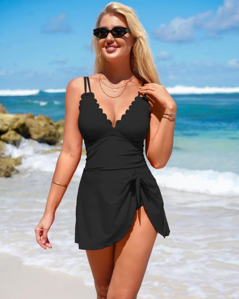 Tummy Control Swimsuit Dress for Women Knot Detail Skirt