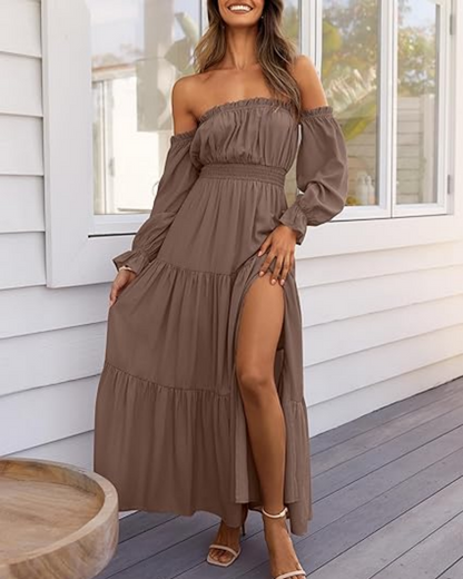 Women's Off Shoulder Maxi Dress Smocked High Waist with Side Slit