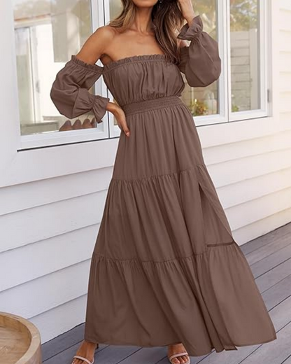 Women's Off Shoulder Maxi Dress Smocked High Waist with Side Slit