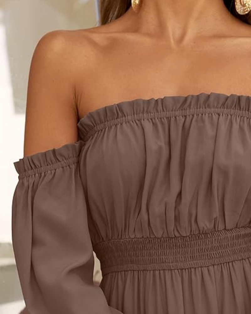 Women's Off Shoulder Maxi Dress Smocked High Waist with Side Slit