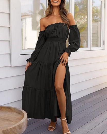 Women's Off Shoulder Maxi Dress Smocked High Waist with Side Slit
