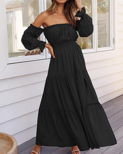 Women's Off Shoulder Maxi Dress Smocked High Waist with Side Slit