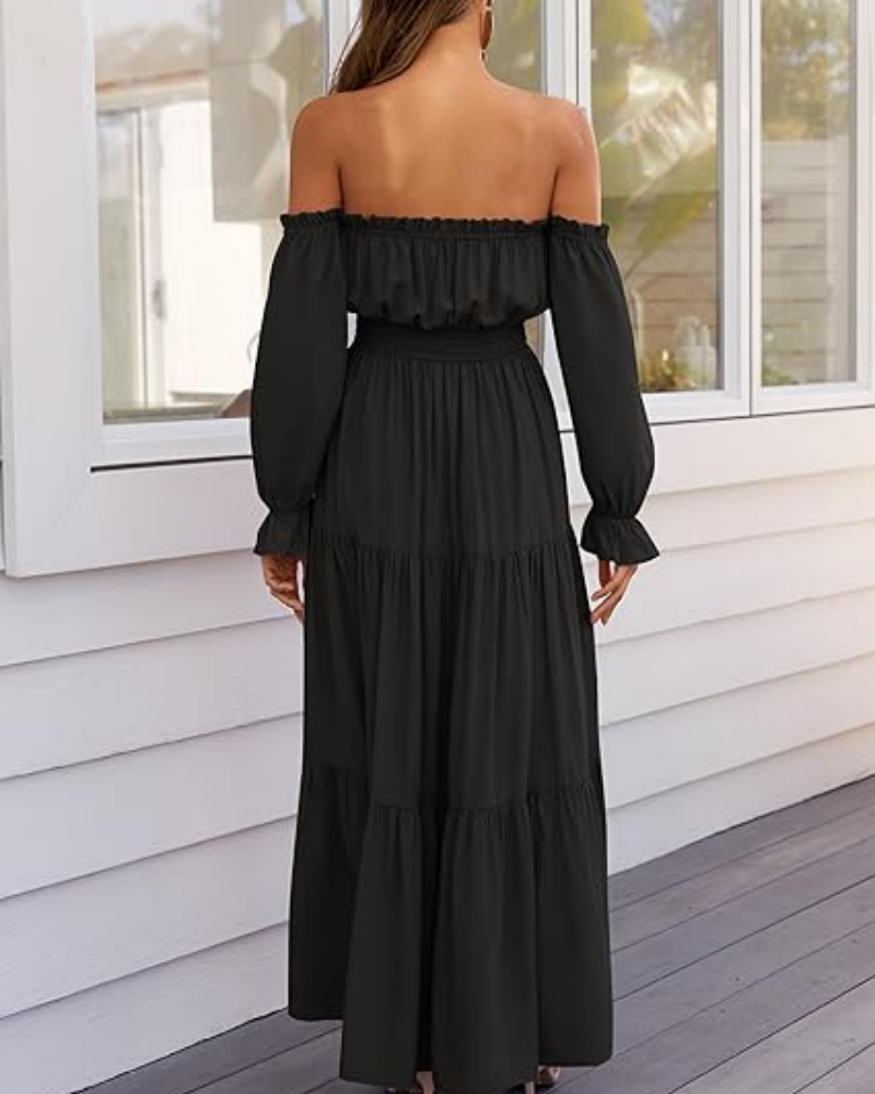 Women's Off Shoulder Maxi Dress Smocked High Waist with Side Slit