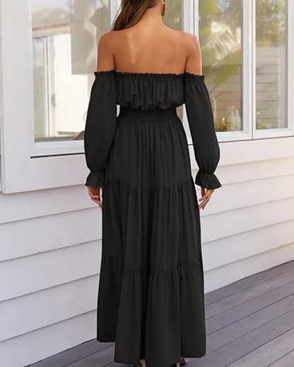 Women's Off Shoulder Maxi Dress Smocked High Waist with Side Slit