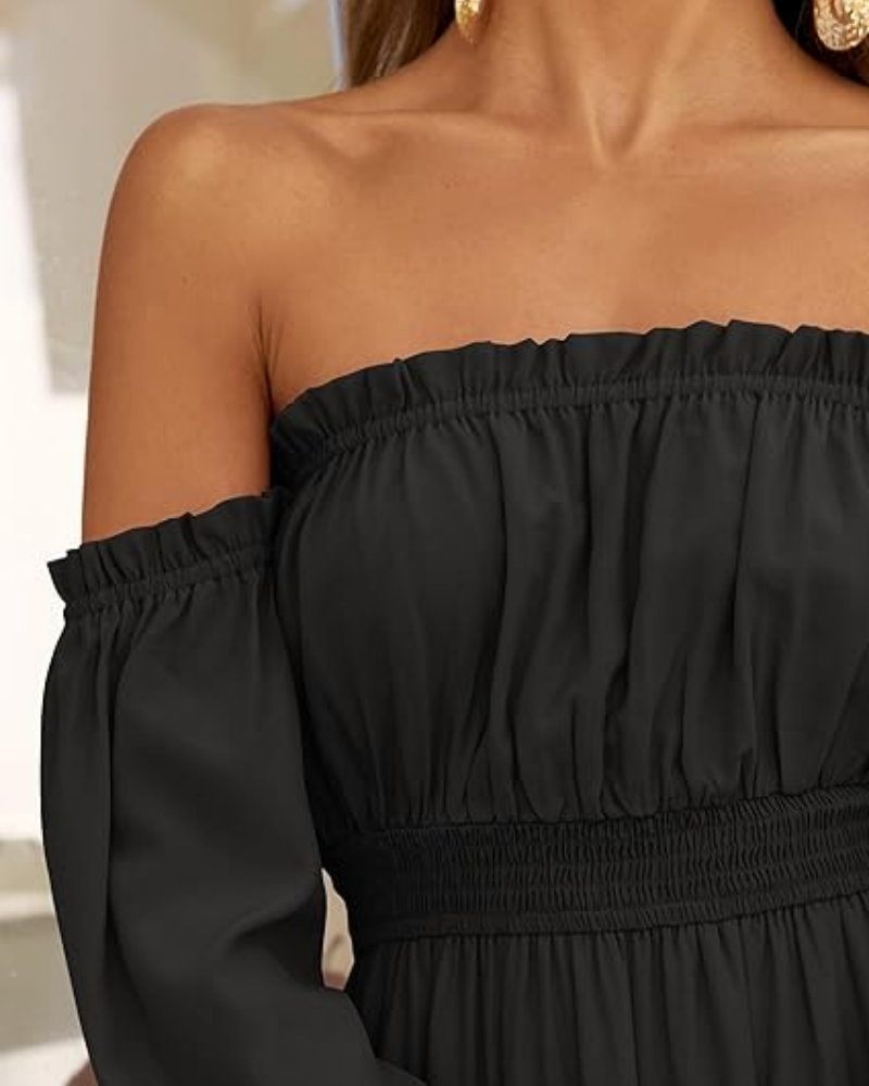 Women's Off Shoulder Maxi Dress Smocked High Waist with Side Slit