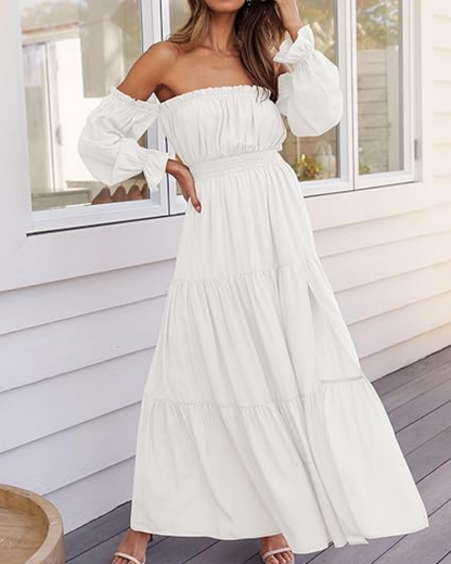 Women's Off Shoulder Maxi Dress Smocked High Waist with Side Slit
