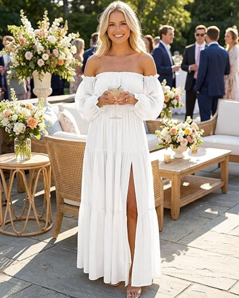 Women's Off Shoulder Maxi Dress Smocked High Waist with Side Slit