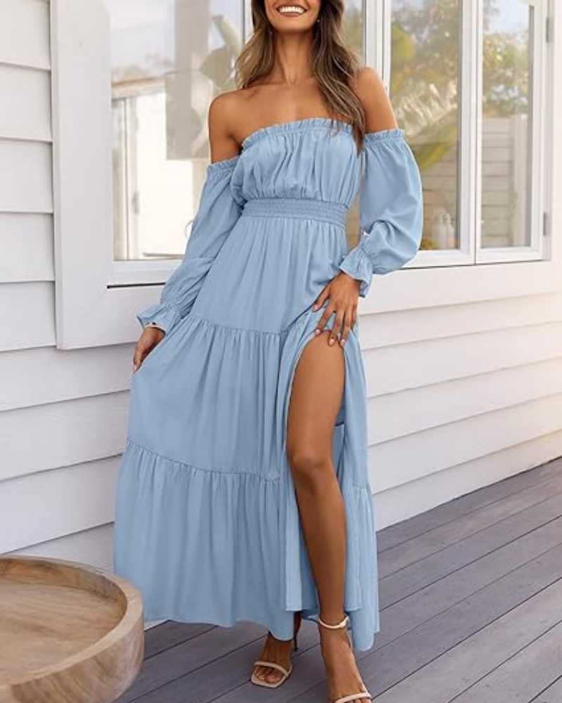 Women's Off Shoulder Maxi Dress Smocked High Waist with Side Slit