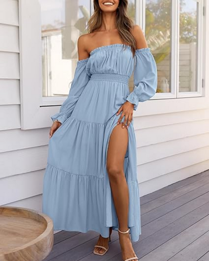 Women's Off Shoulder Maxi Dress Smocked High Waist with Side Slit