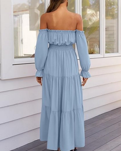 Women's Off Shoulder Maxi Dress Smocked High Waist with Side Slit