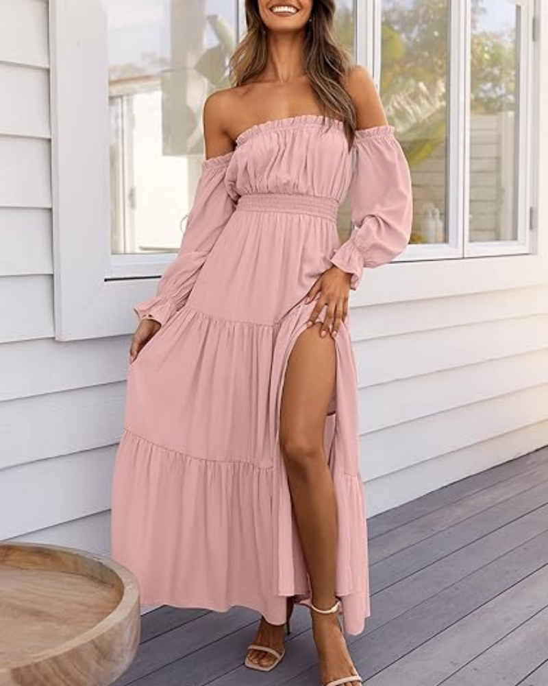 Women's Off Shoulder Maxi Dress Smocked High Waist with Side Slit