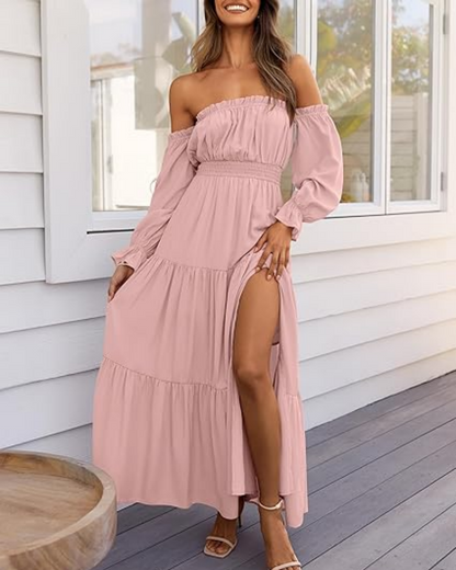 Women's Off Shoulder Maxi Dress Smocked High Waist with Side Slit