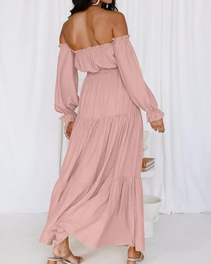 Women's Off Shoulder Maxi Dress Smocked High Waist with Side Slit