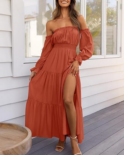 Women's Off Shoulder Maxi Dress Smocked High Waist with Side Slit