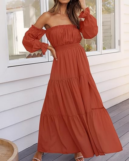 Women's Off Shoulder Maxi Dress Smocked High Waist with Side Slit