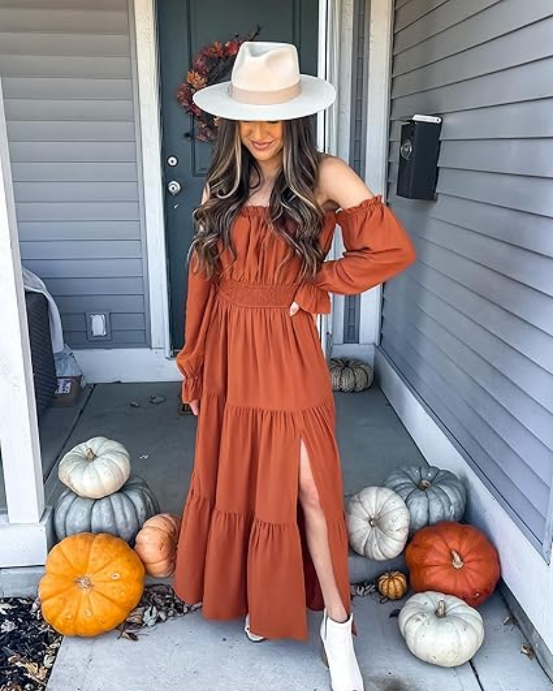 Women's Off Shoulder Maxi Dress Smocked High Waist with Side Slit