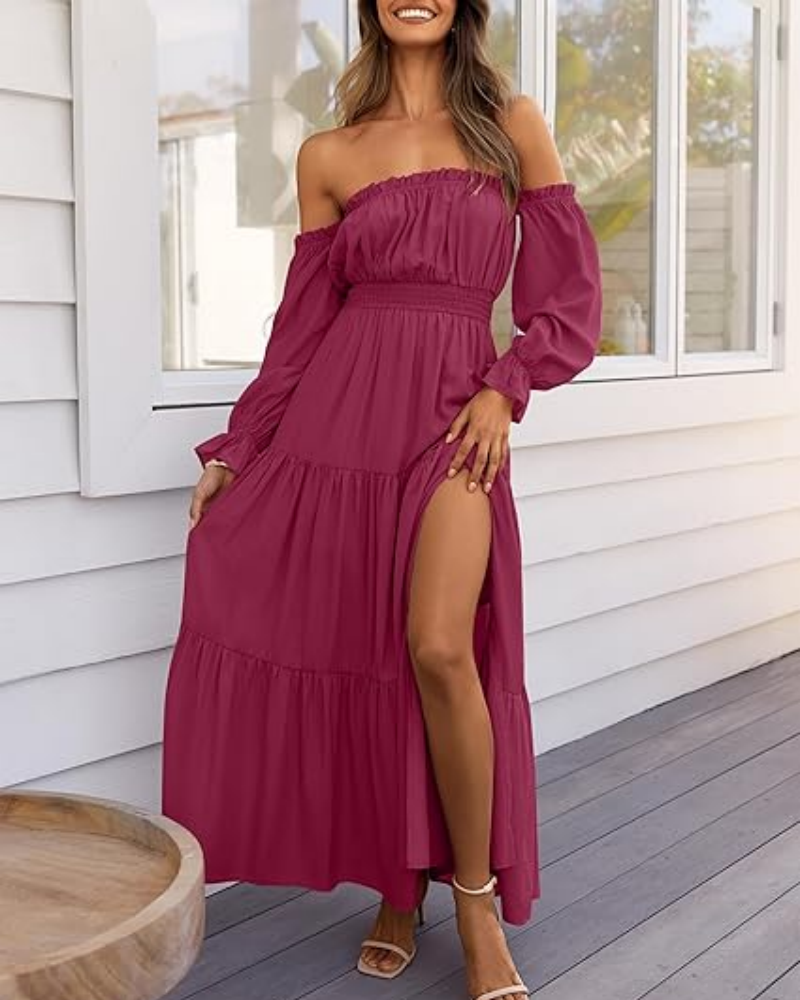 Women's Off Shoulder Maxi Dress Smocked High Waist with Side Slit