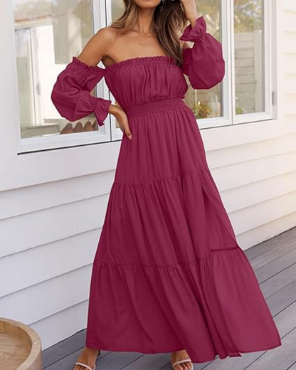 Women's Off Shoulder Maxi Dress Smocked High Waist with Side Slit