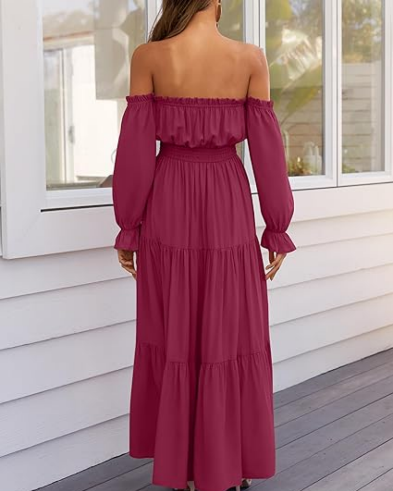 Women's Off Shoulder Maxi Dress Smocked High Waist with Side Slit