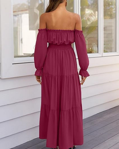 Women's Off Shoulder Maxi Dress Smocked High Waist with Side Slit