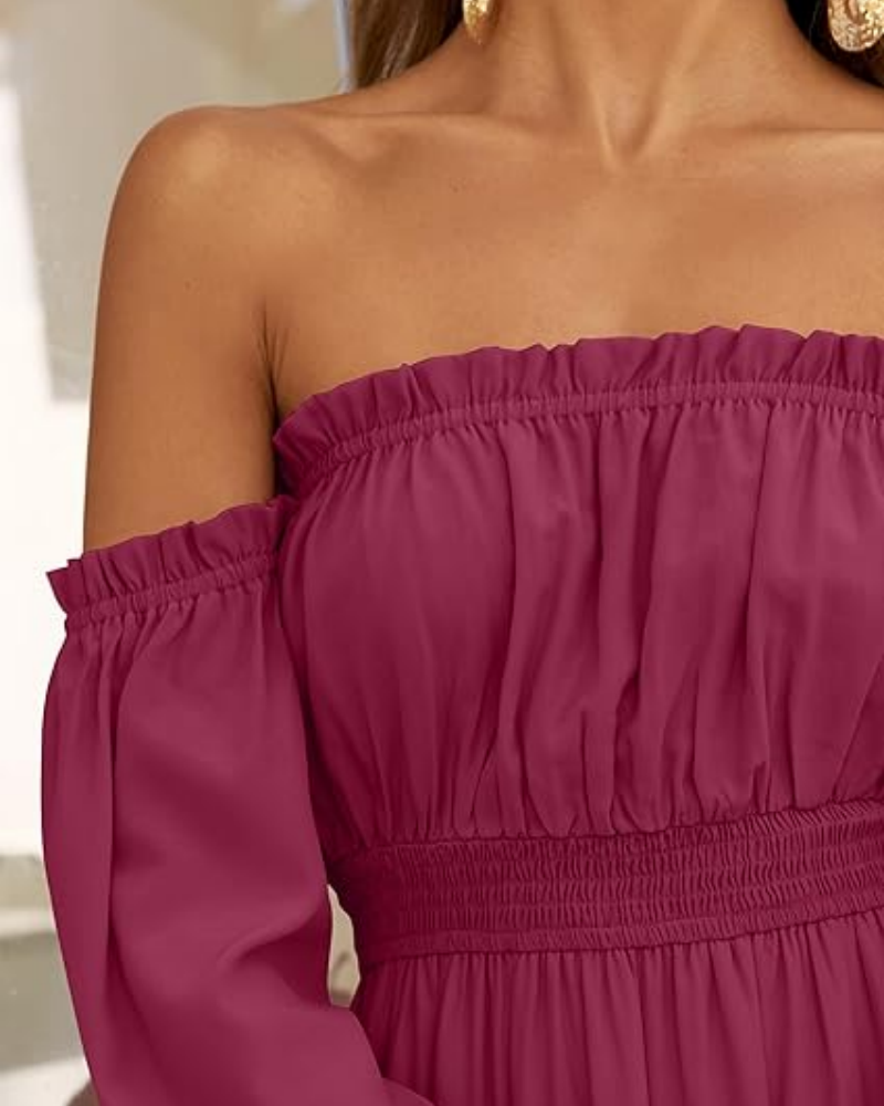 Women's Off Shoulder Maxi Dress Smocked High Waist with Side Slit
