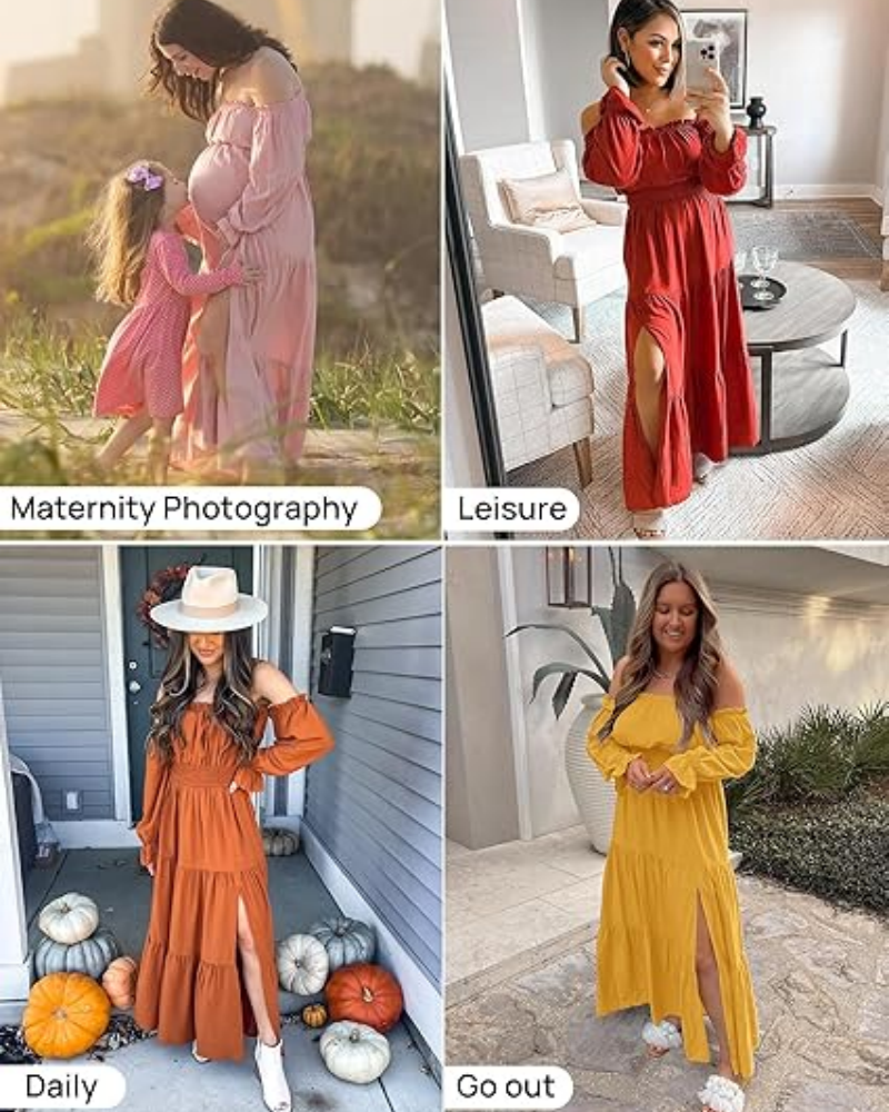 Women's Off Shoulder Maxi Dress Smocked High Waist with Side Slit