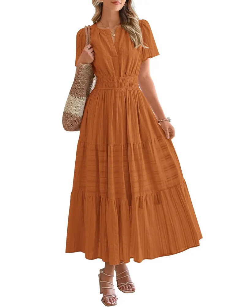 Womens Summer Lightweight Short Sleeve V Casual Midi Maxi Dresses