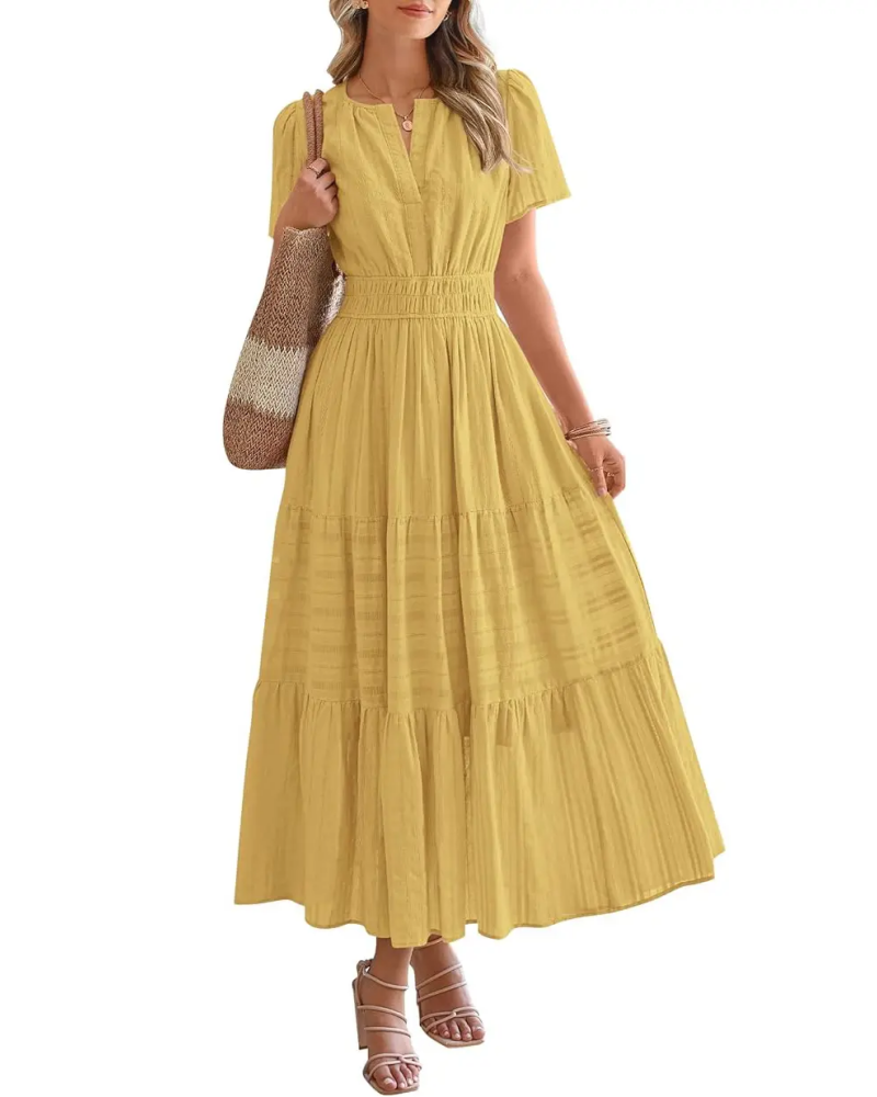 Womens Summer Lightweight Short Sleeve V Casual Midi Maxi Dresses