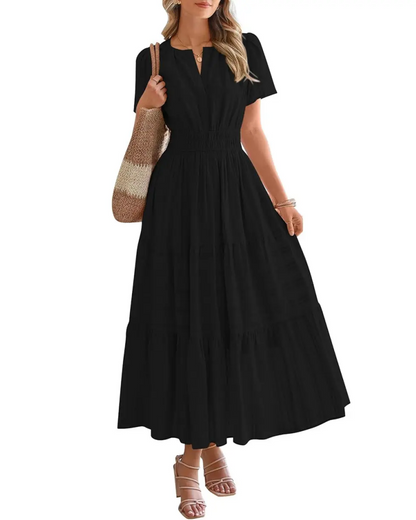 Womens Summer Lightweight Short Sleeve V Casual Midi Maxi Dresses