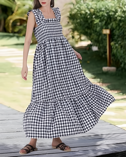 Women's Retro Plaid Smocked Dress Spaghetti Strap Flowy Maxi with Pockets