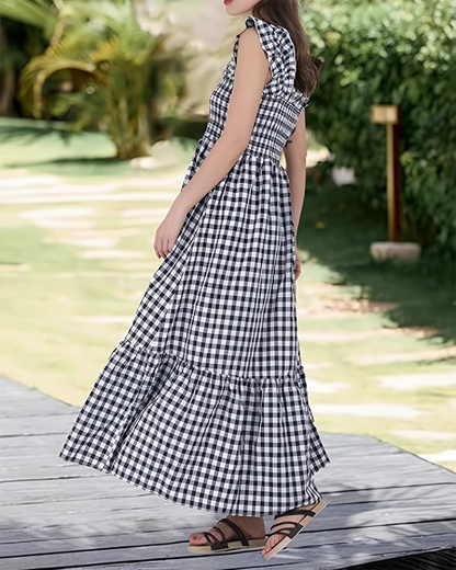 Women's Retro Plaid Smocked Dress Spaghetti Strap Flowy Maxi with Pockets