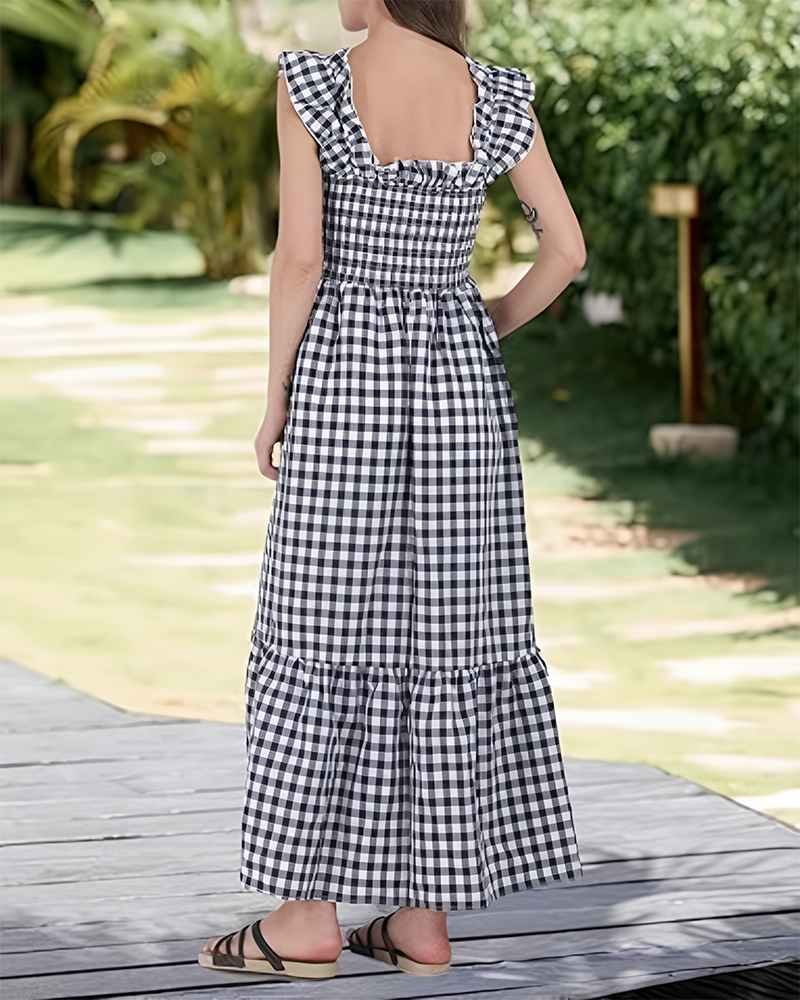 Women's Retro Plaid Smocked Dress Spaghetti Strap Flowy Maxi with Pockets
