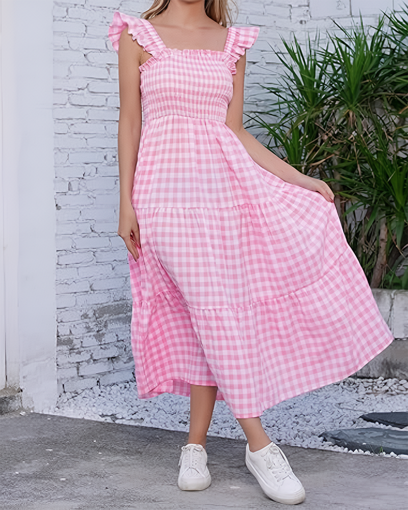 Women's Retro Plaid Smocked Dress Spaghetti Strap Flowy Maxi with Pockets