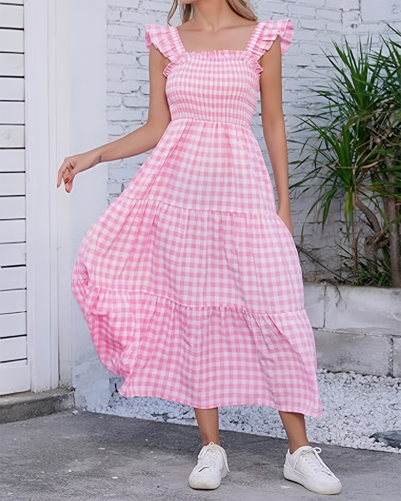 Women's Retro Plaid Smocked Dress Spaghetti Strap Flowy Maxi with Pockets