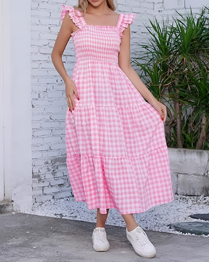 Women's Retro Plaid Smocked Dress Spaghetti Strap Flowy Maxi with Pockets
