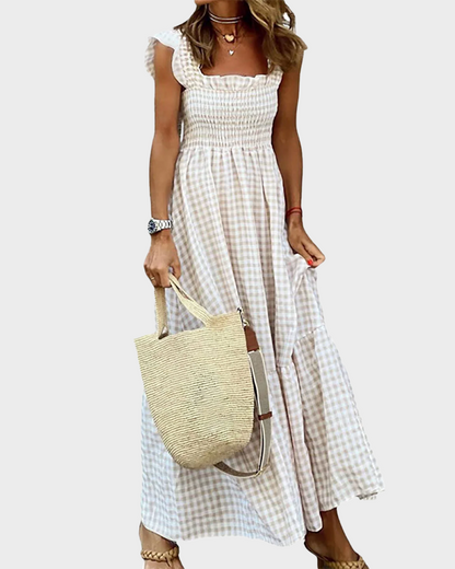 Women's Retro Plaid Smocked Dress Spaghetti Strap Flowy Maxi with Pockets