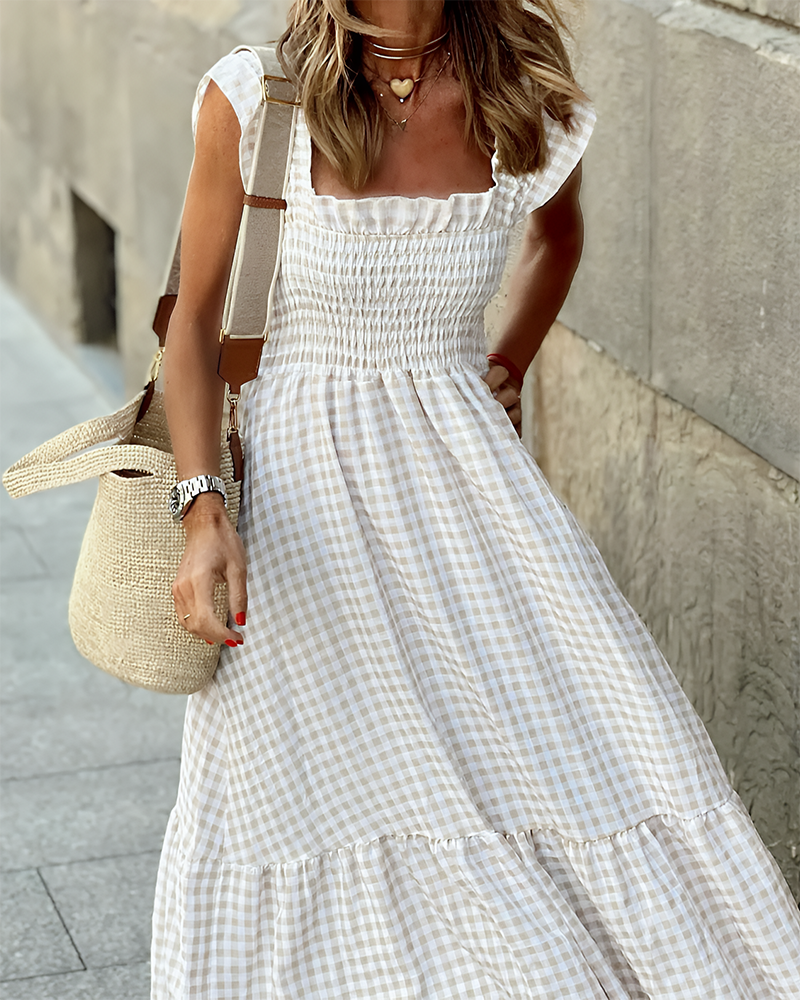 Women's Retro Plaid Smocked Dress Spaghetti Strap Flowy Maxi with Pockets