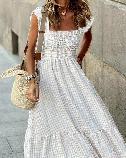 Women's Retro Plaid Smocked Dress Spaghetti Strap Flowy Maxi with Pockets