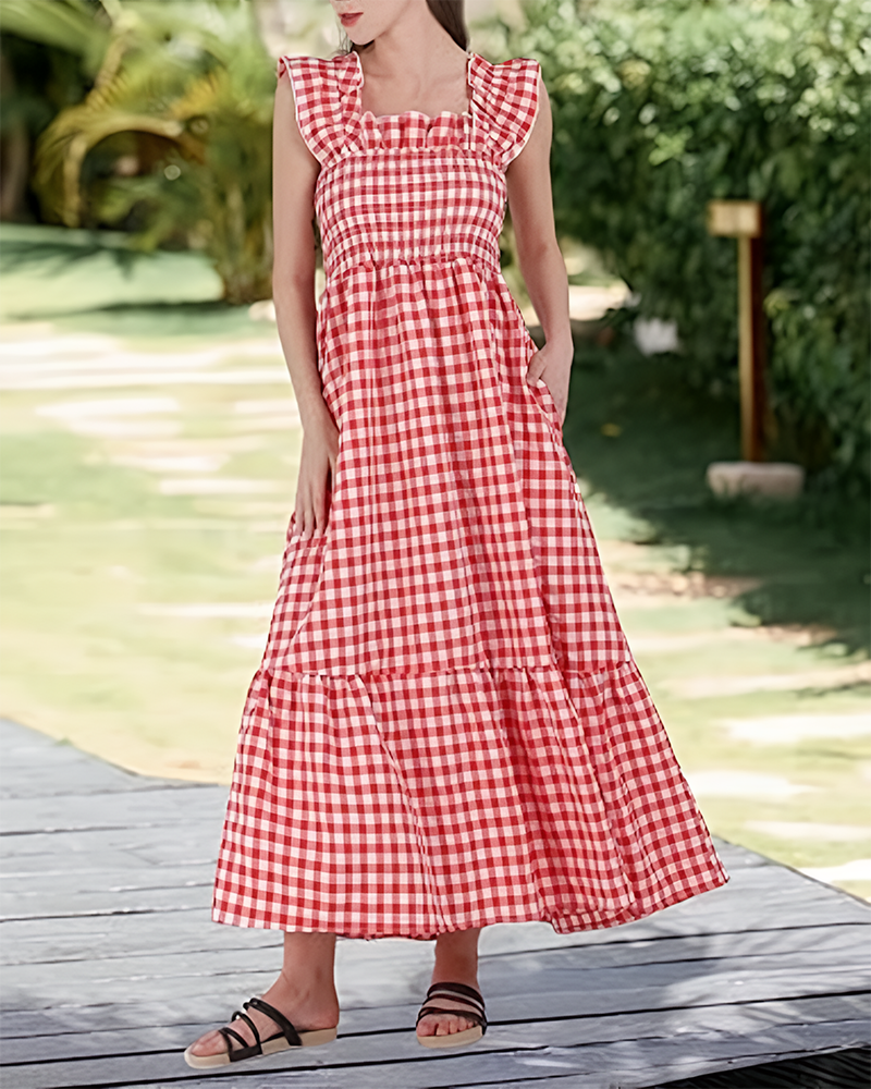 Women's Retro Plaid Smocked Dress Spaghetti Strap Flowy Maxi with Pockets