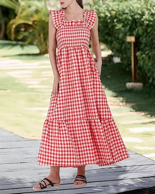 Women's Retro Plaid Smocked Dress Spaghetti Strap Flowy Maxi with Pockets