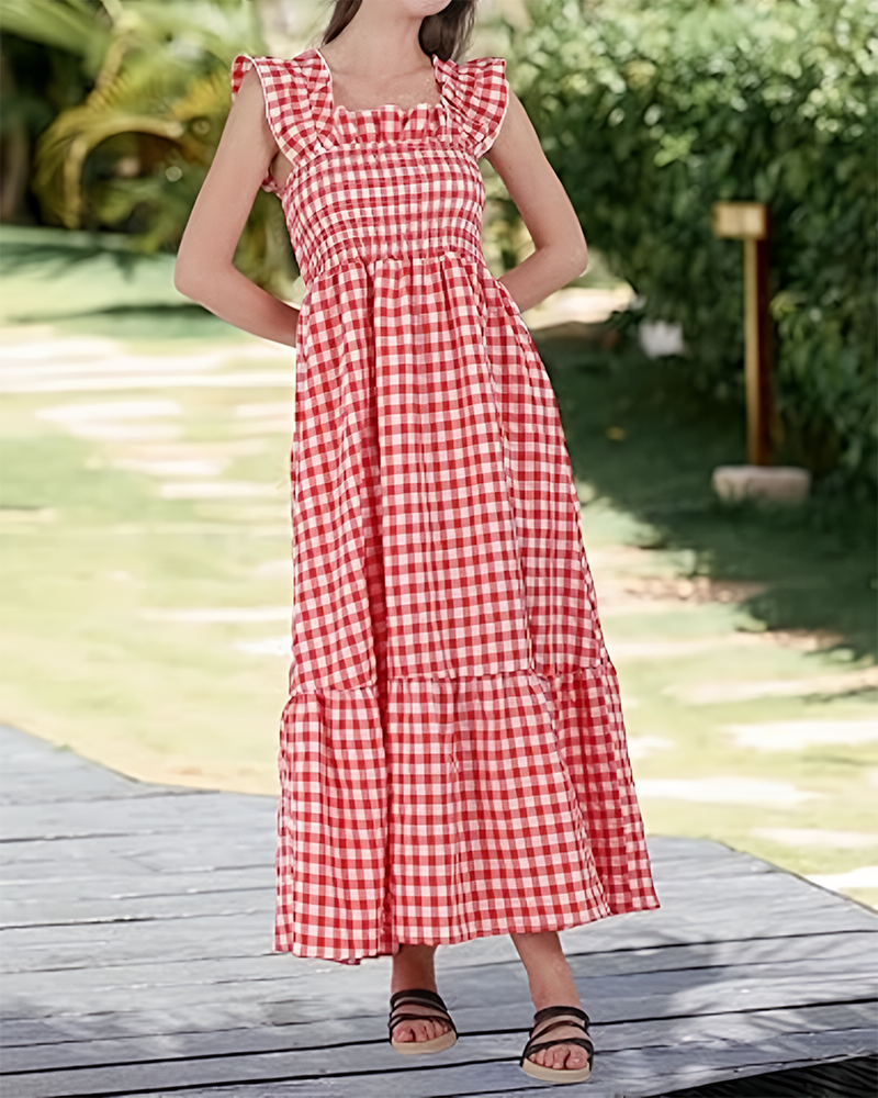Women's Retro Plaid Smocked Dress Spaghetti Strap Flowy Maxi with Pockets