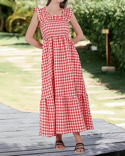 Women's Retro Plaid Smocked Dress Spaghetti Strap Flowy Maxi with Pockets