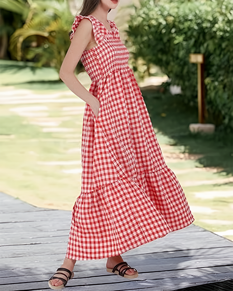 Women's Retro Plaid Smocked Dress Spaghetti Strap Flowy Maxi with Pockets
