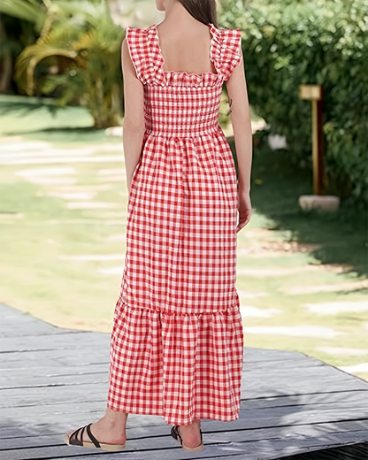 Women's Retro Plaid Smocked Dress Spaghetti Strap Flowy Maxi with Pockets