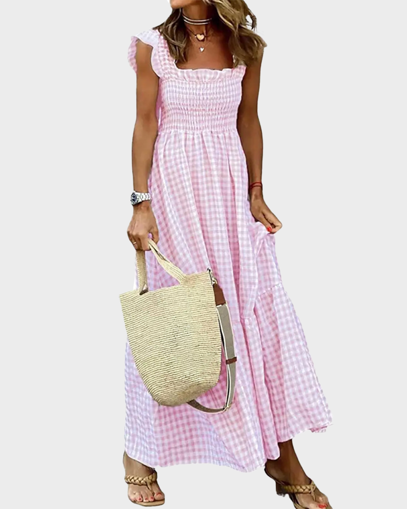 Women's Retro Plaid Smocked Dress Spaghetti Strap Flowy Maxi with Pockets