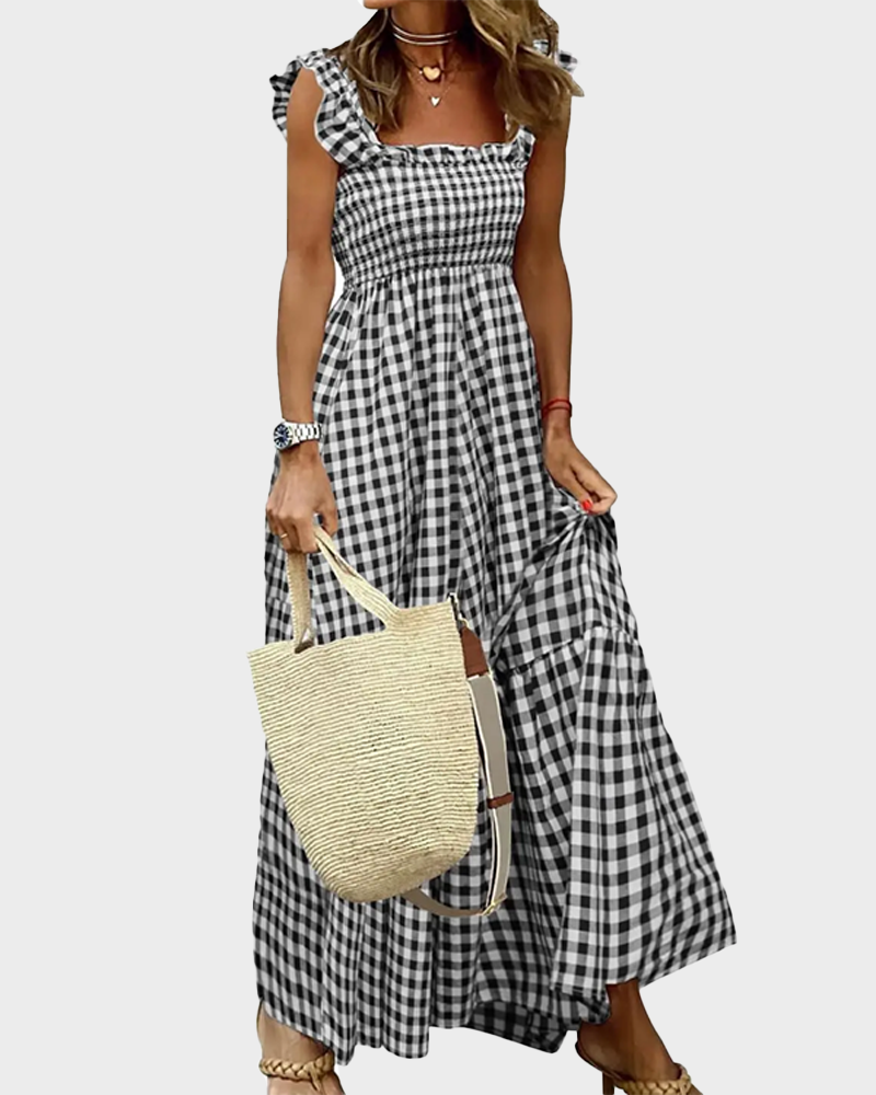 Women's Retro Plaid Smocked Dress Spaghetti Strap Flowy Maxi with Pockets