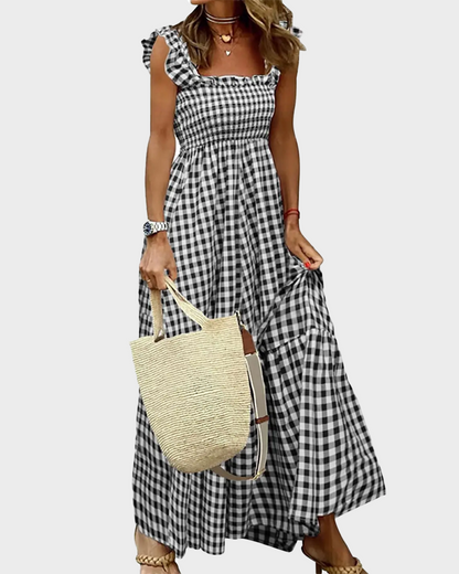 Women's Retro Plaid Smocked Dress Spaghetti Strap Flowy Maxi with Pockets